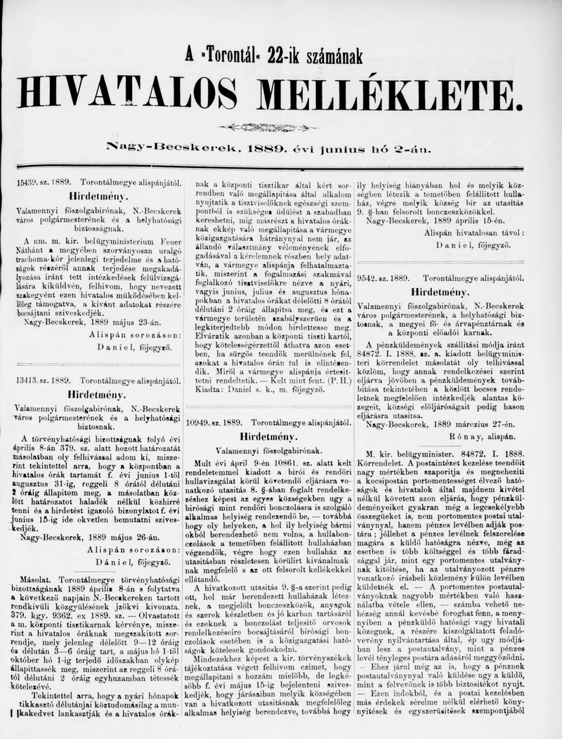 A Totontál  hivatalos melléklete, 2. évf. 1889. június 2. 22. sz.