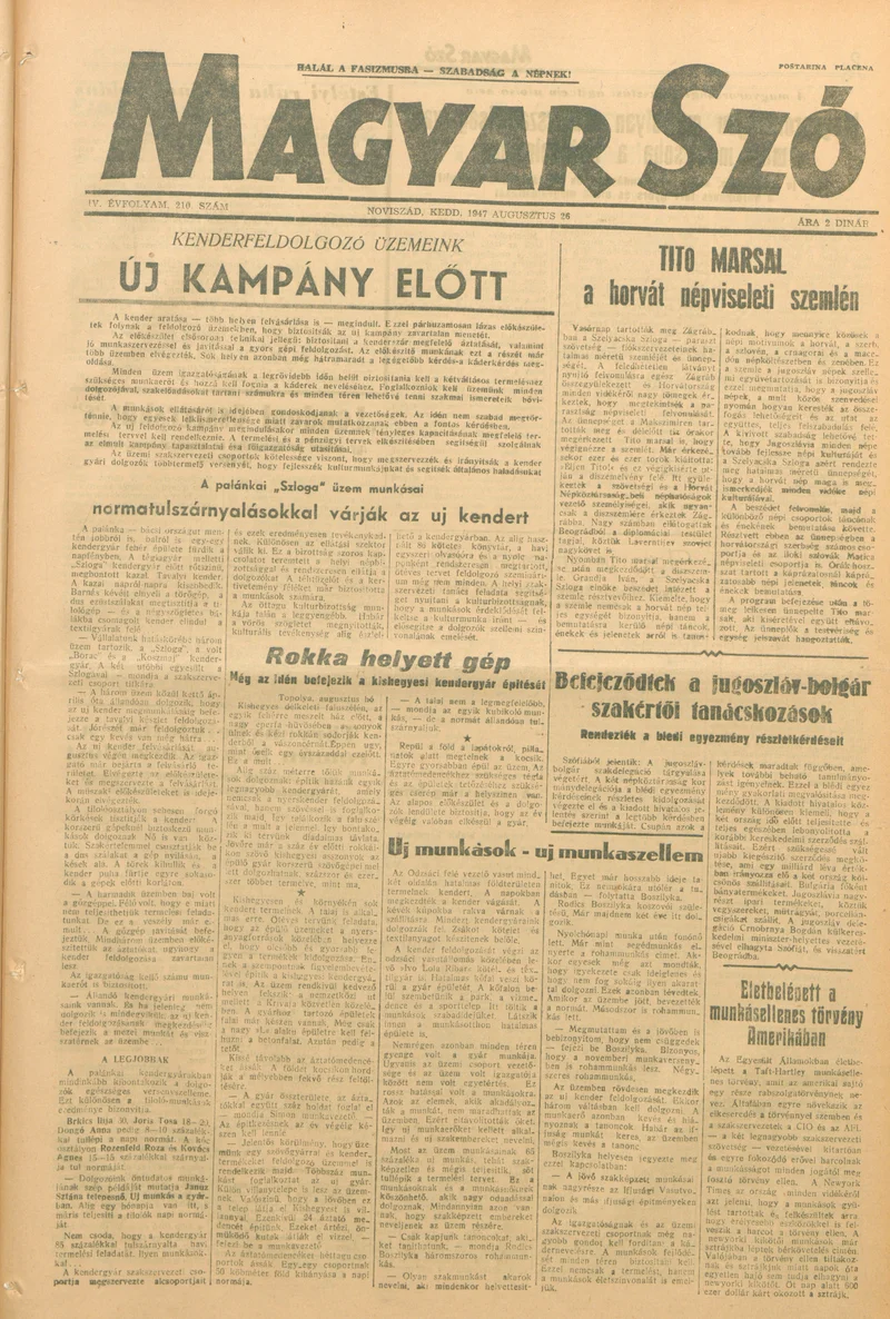 Magyar Szó, 4. évf. 1947. augusztus 26. 210. sz. 1–6. oldal