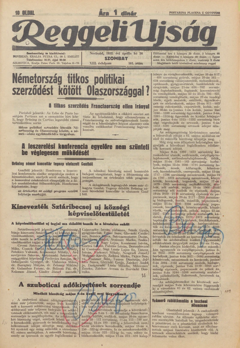 Reggeli Újság, 13. évf. 1932. április 30. 101. sz.
