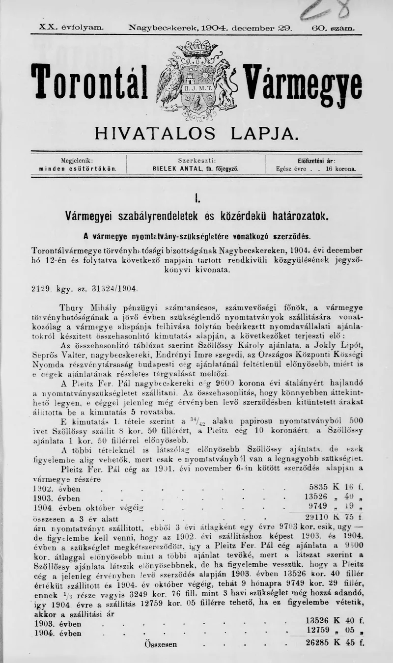 Torontál Vármegye Hivatalos Lapja, 20. évf. 1904. december 29. 60. sz.