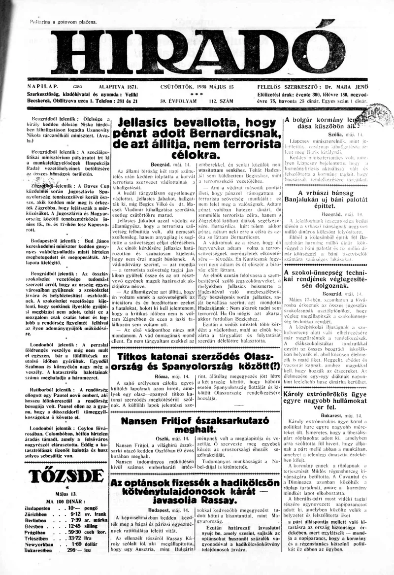 Híradó, 59. évf. 1930. május 15. 112. sz.
