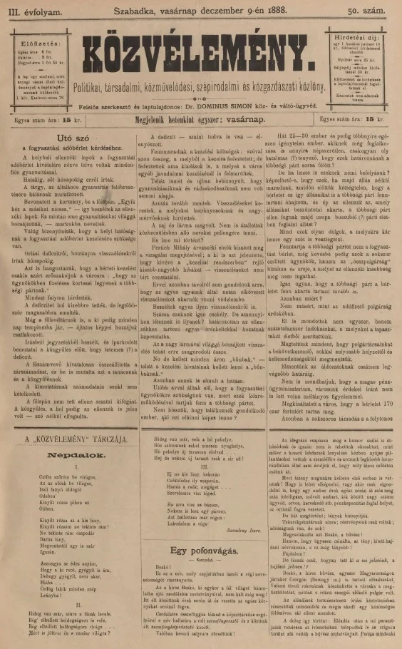 Közvélemény, 3. évf. 1888. december 9. 50. sz.