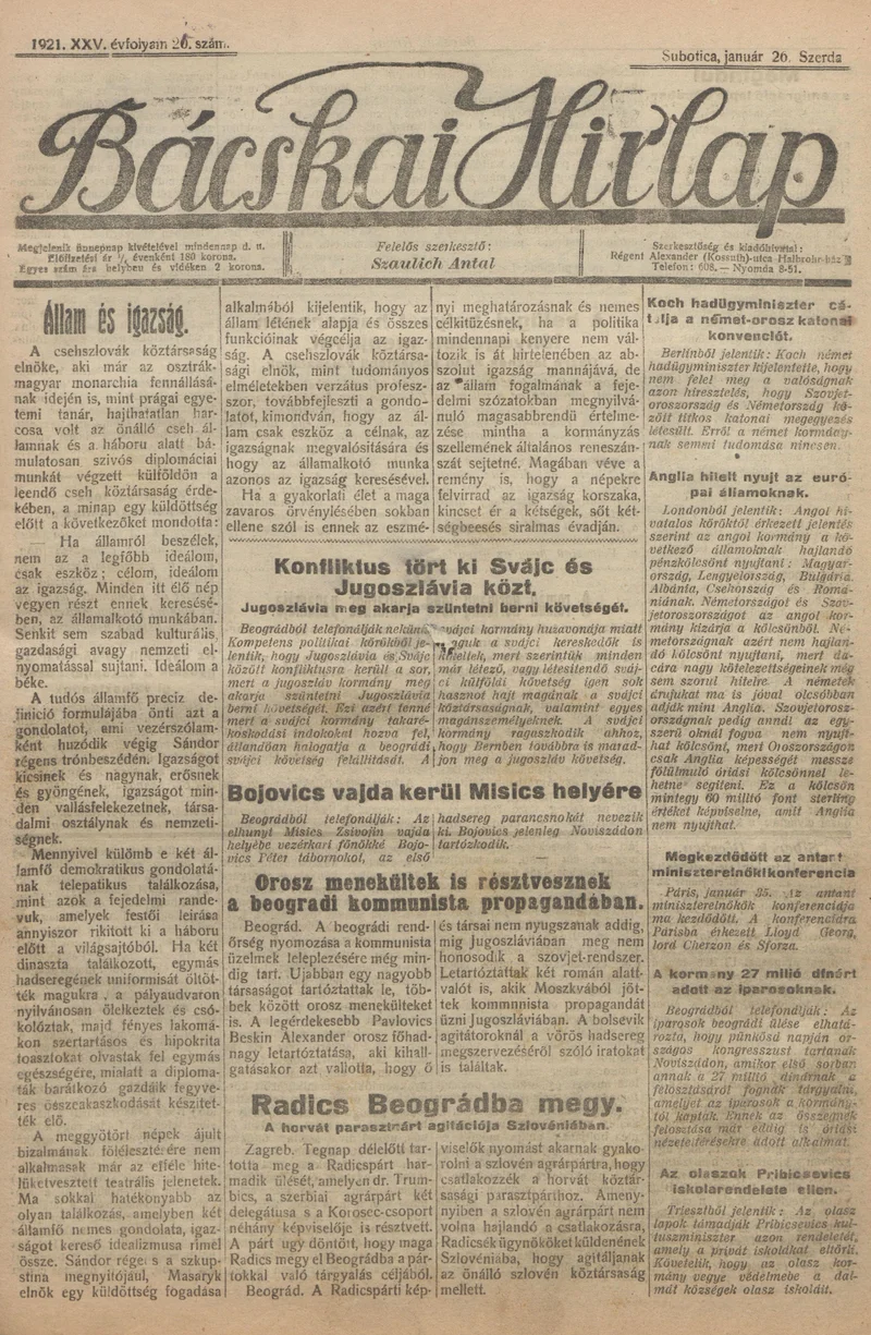 Bácskai Hirlap, 25. évf. 1921. január 26. 21. sz.