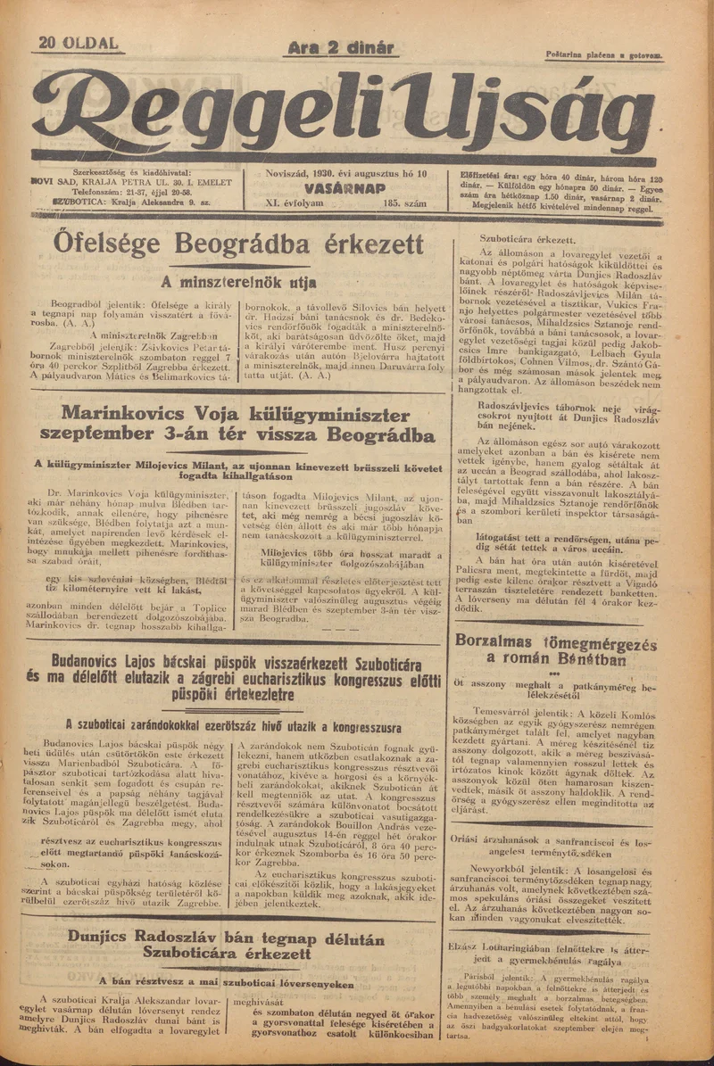 Reggeli Újság, 11. évf. 1930. augusztus 10. 185. sz.