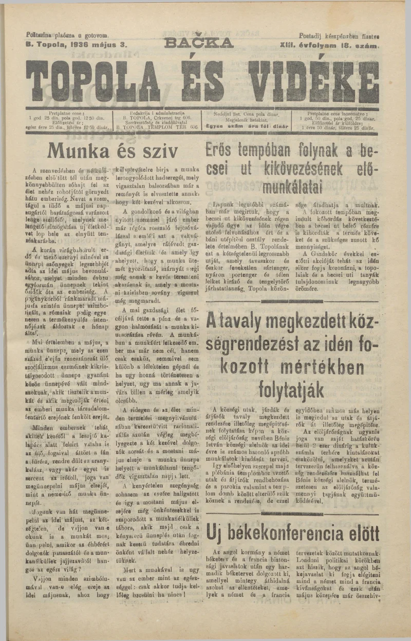 Bačka Topola és Vidéke, 13. évf. 1936. május 3. 18. sz.