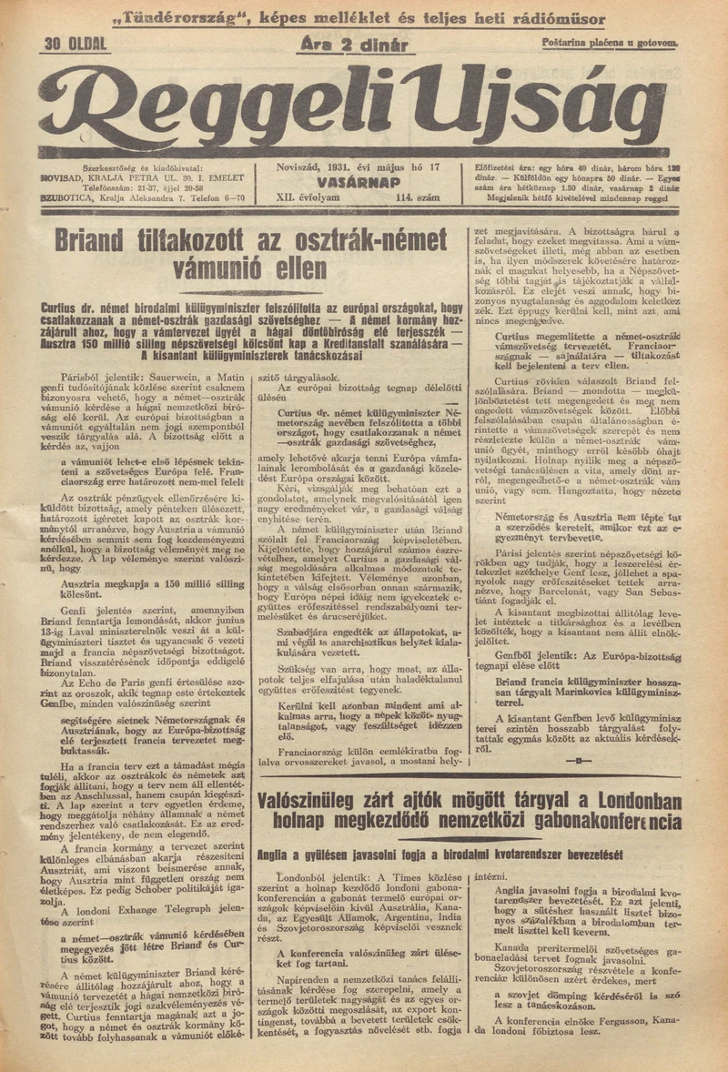 Reggeli Újság, 12. évf. 1931. május 17. 114. sz.