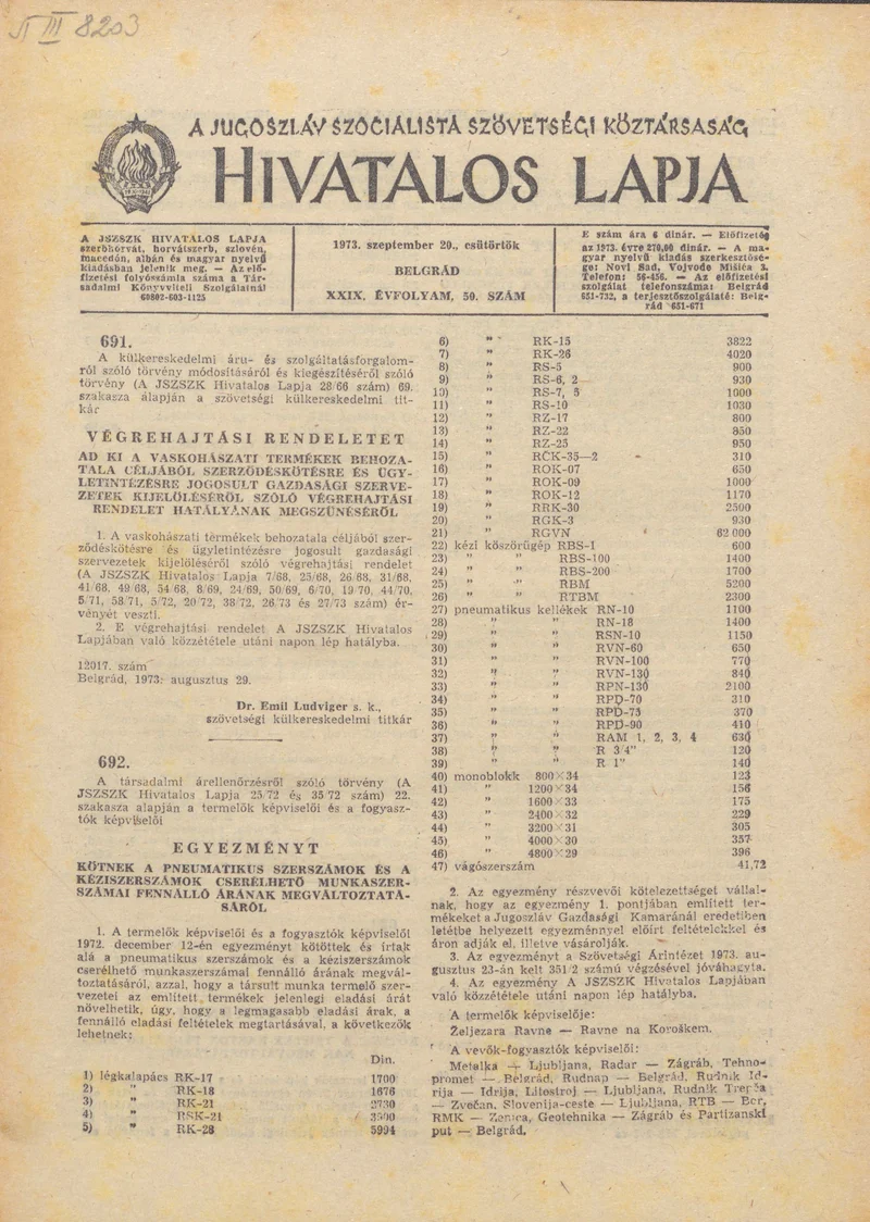 A Jugoszláv Szocialista Szövetségi Köztársaság Hivatalos Lapja, 29. évf. 1973. szeptember 20. 50. sz. 1503–1516. oldal