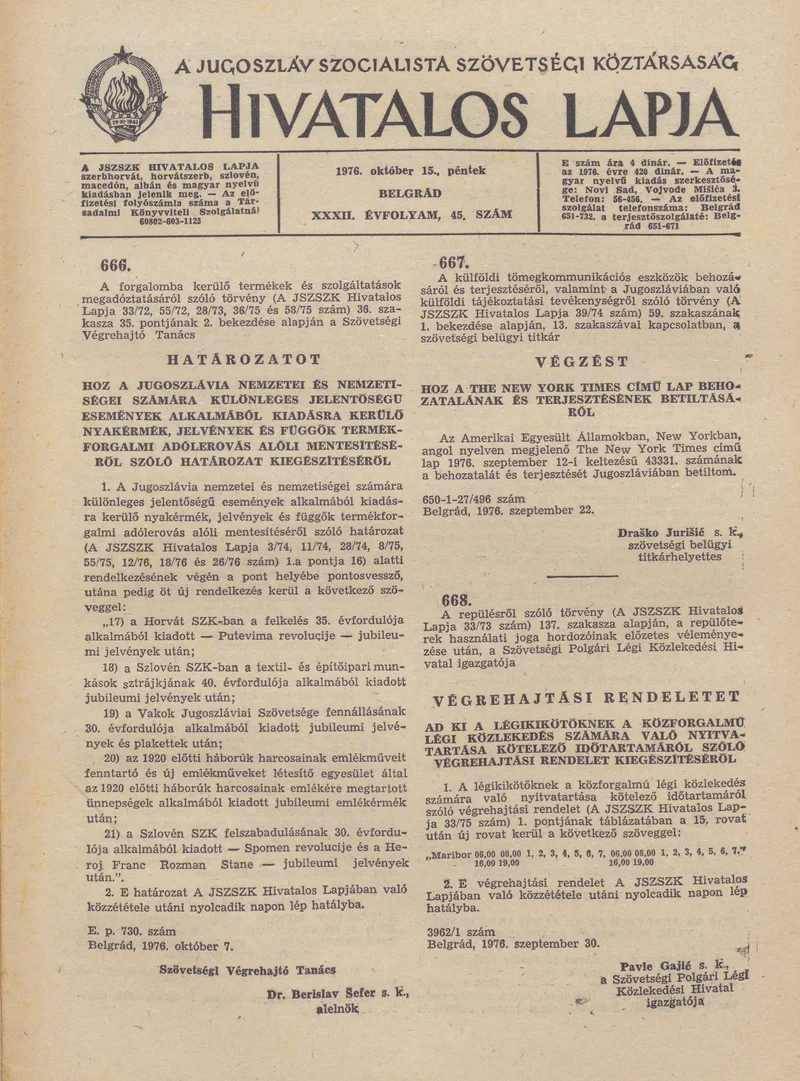 A Jugoszláv Szocialista Szövetségi Köztársaság Hivatalos Lapja, 32. évf. 1976. október 15. 45. sz. 1369–1372. oldal