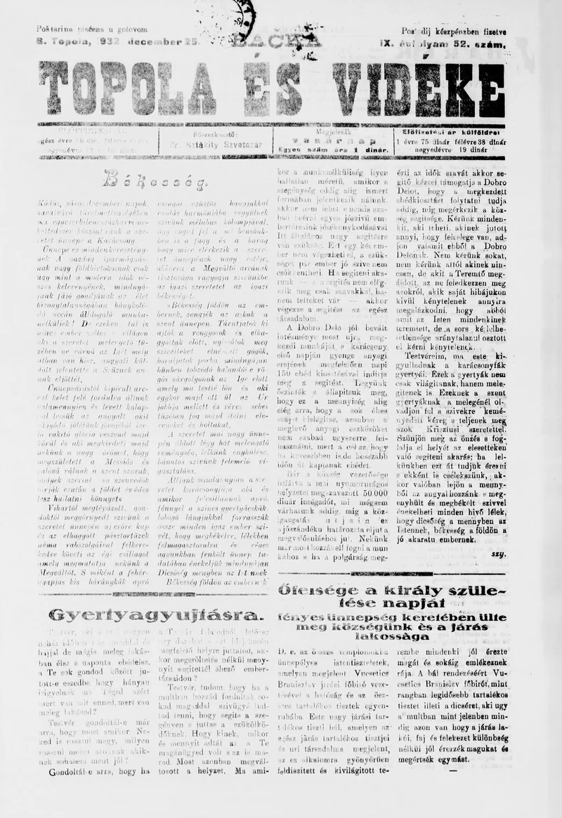 Bačka Topola és Vidéke, 9. évf. 1932. december 25. 52. sz.