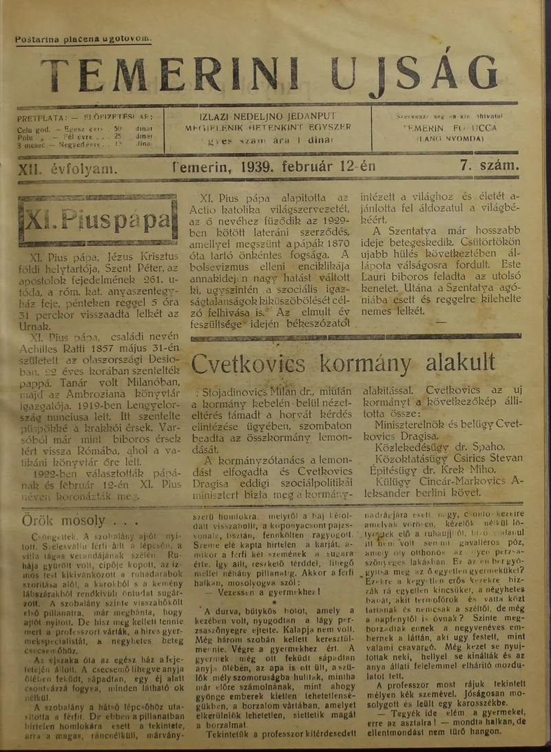 Temerini Újság 1928-1944, 12. évf. 1939. február 12. 7. sz.