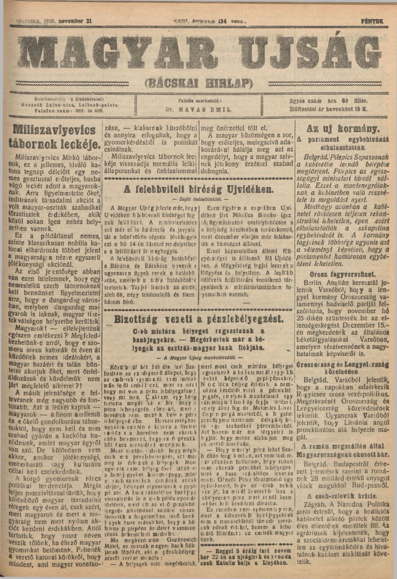 Bácskai Hirlap, 23. évf. 1919. november 21. 134. sz.