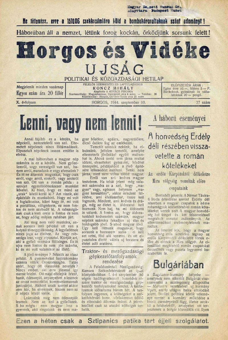 Horgos és vidéke, 9. évf. 1944. szeptember 10. 37. sz.