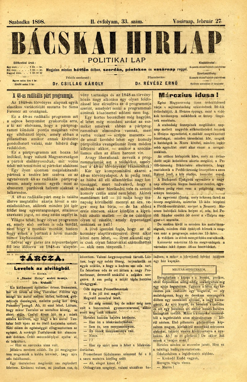 Bácskai Hirlap, 2. évf. 1898. február 27. 33. sz. 1–4. oldal