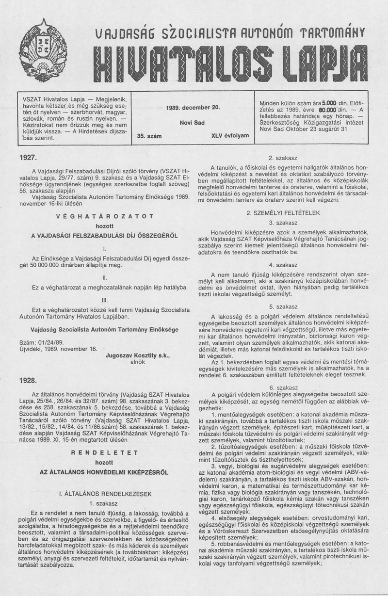 Vajdaság Szocialista Autonóm Tartomány Hivatalos Lapja, 45. évf. 1989. december 20. 35. sz.