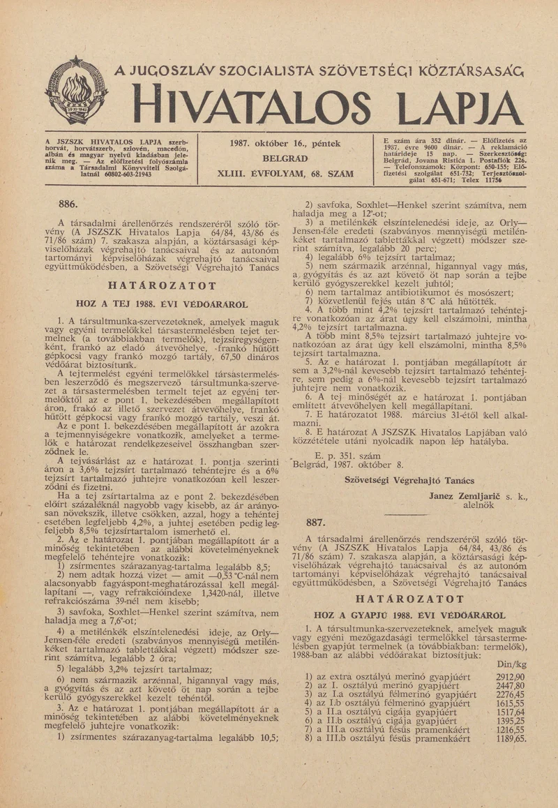 A Jugoszláv Szocialista Szövetségi Köztársaság Hivatalos Lapja, 43. évf. 1987. október 16. 68. sz. 1589–1620. oldal