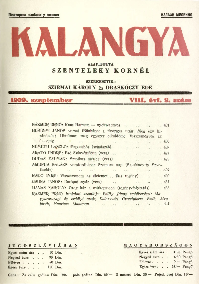 Kalangya, 8. évf. 1939. szeptember. 9. sz. 401–448. oldal