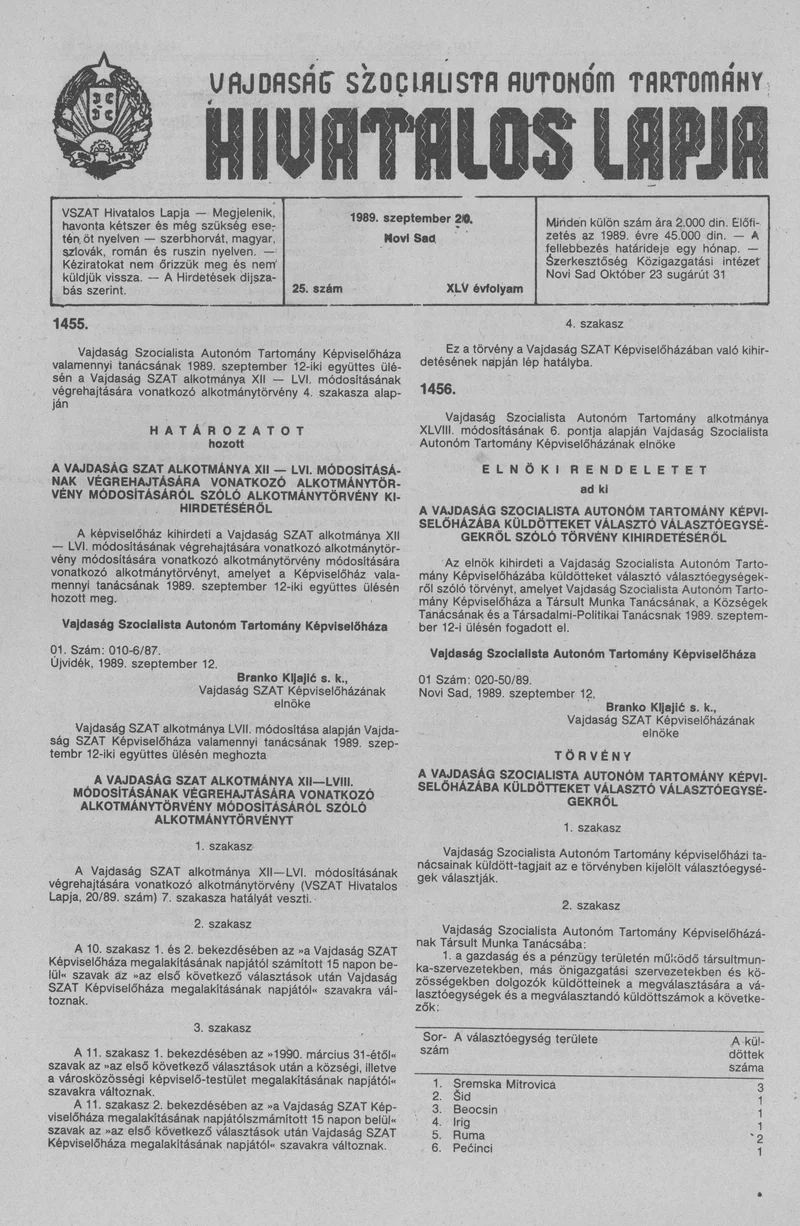 Vajdaság Szocialista Autonóm Tartomány Hivatalos Lapja, 45. évf. 1989. szeptember 20. 25. sz.