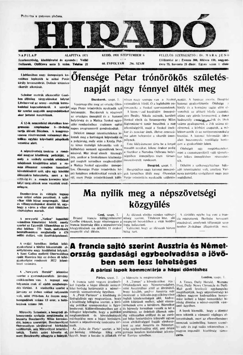 Híradó, 60. évf. 1931. szeptember 8. 206. sz.