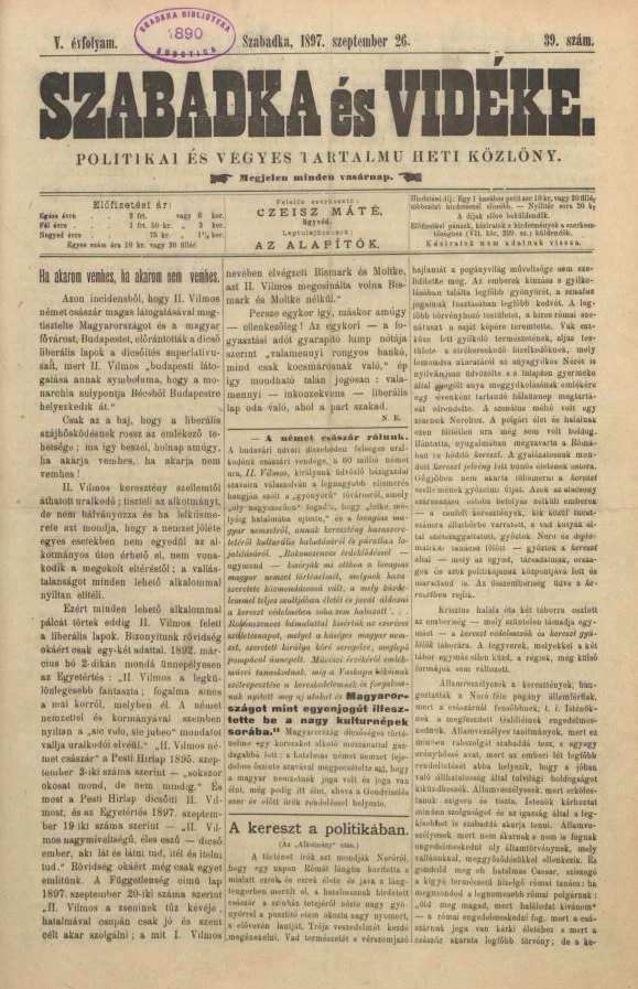 Szabadka és vidéke II, 5. évf. 1897. szeptember 26. 39. sz.