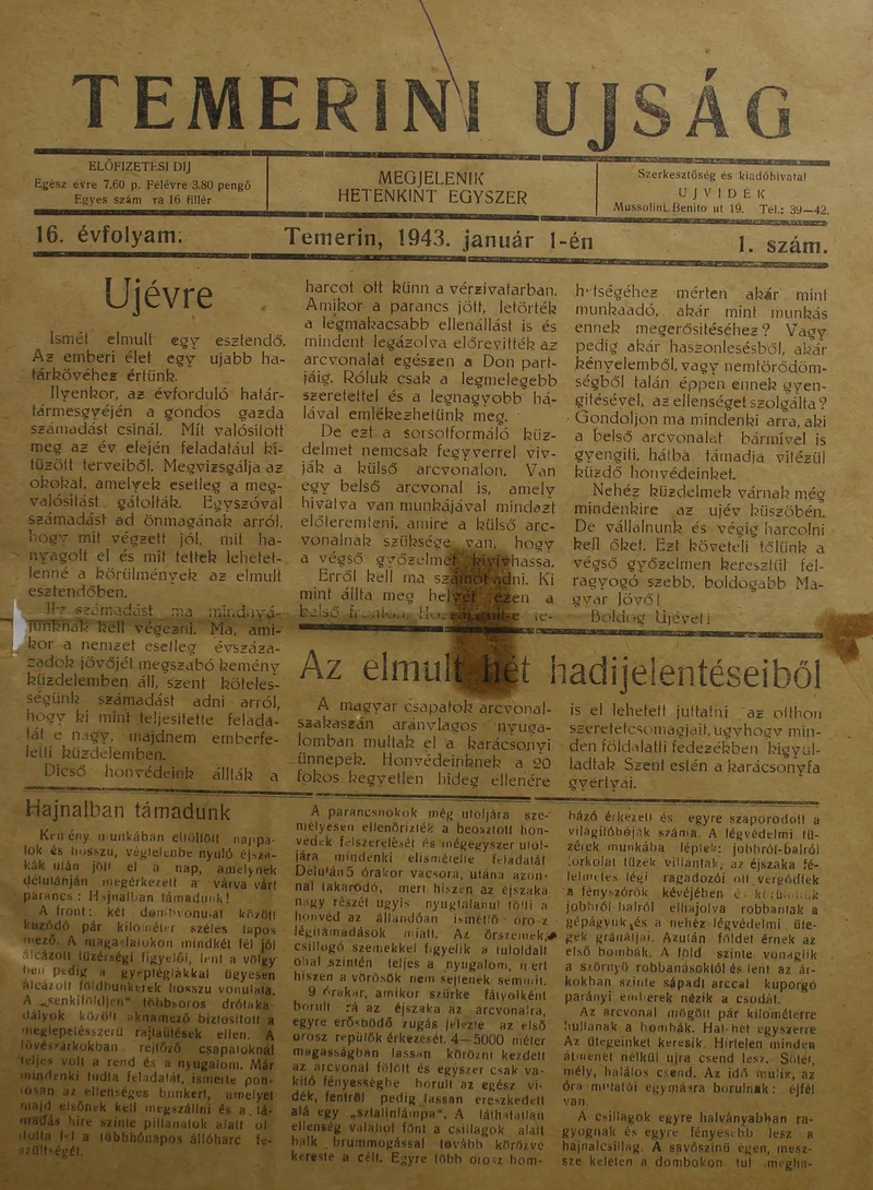 Temerini Újság 1928-1944, 16. évf. 1943. január 1. 1. sz.