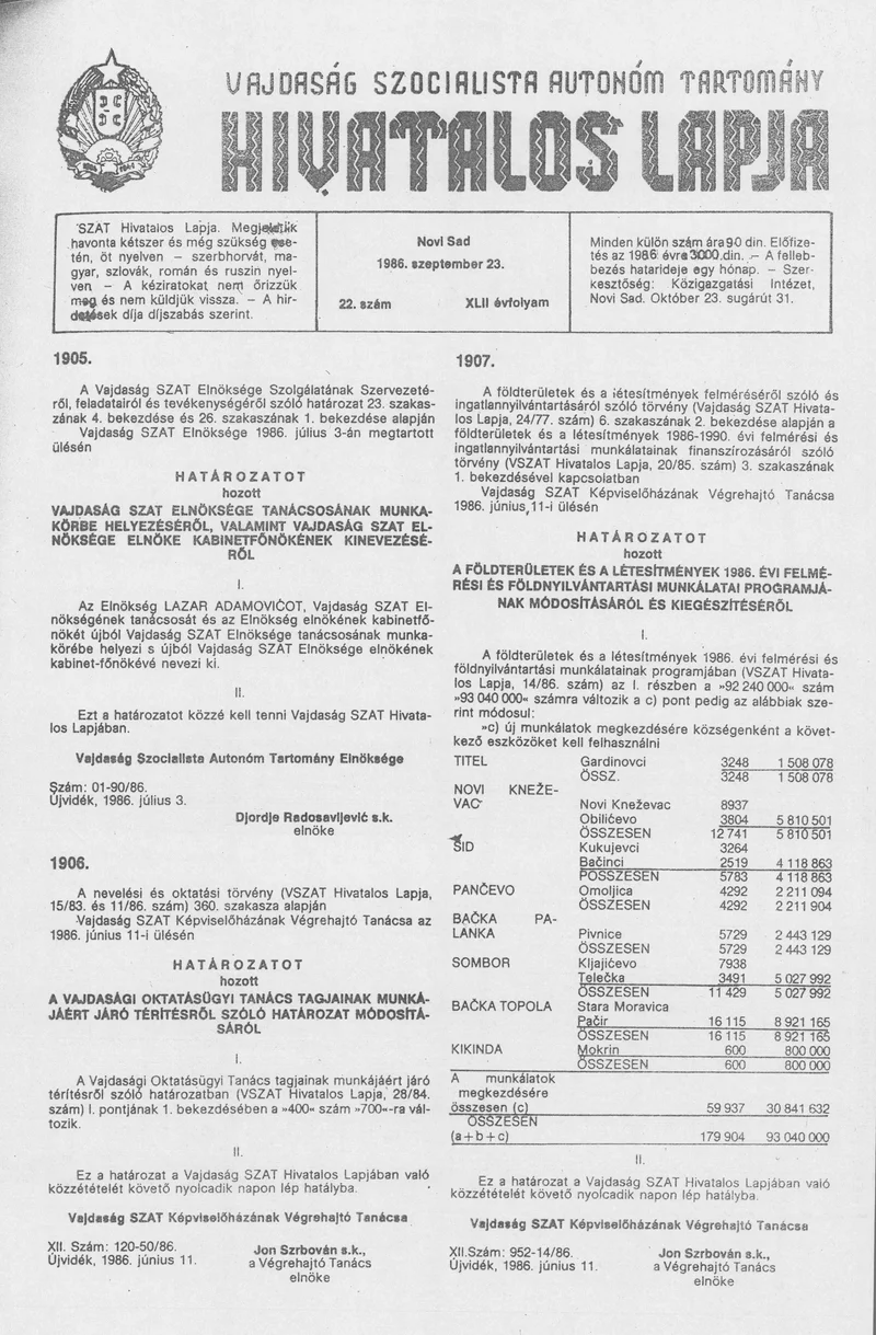 Vajdaság Szocialista Autonóm Tartomány Hivatalos Lapja, 42. évf. 1986. szeptember 23. 22. sz.