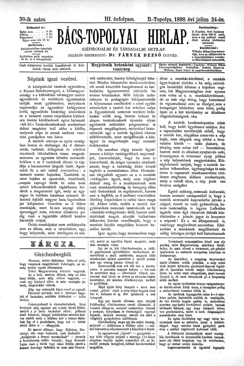 Bács-Topolyai Hirlap, 3. évf. 1898. július 24. 30. sz.