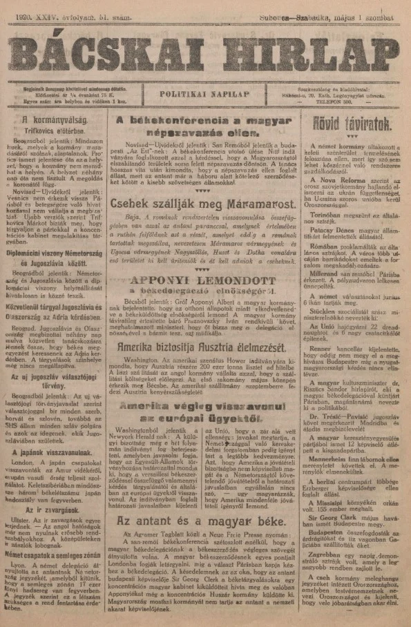 Bácskai Hirlap, 24. évf. 1920. május 1. 51. sz.