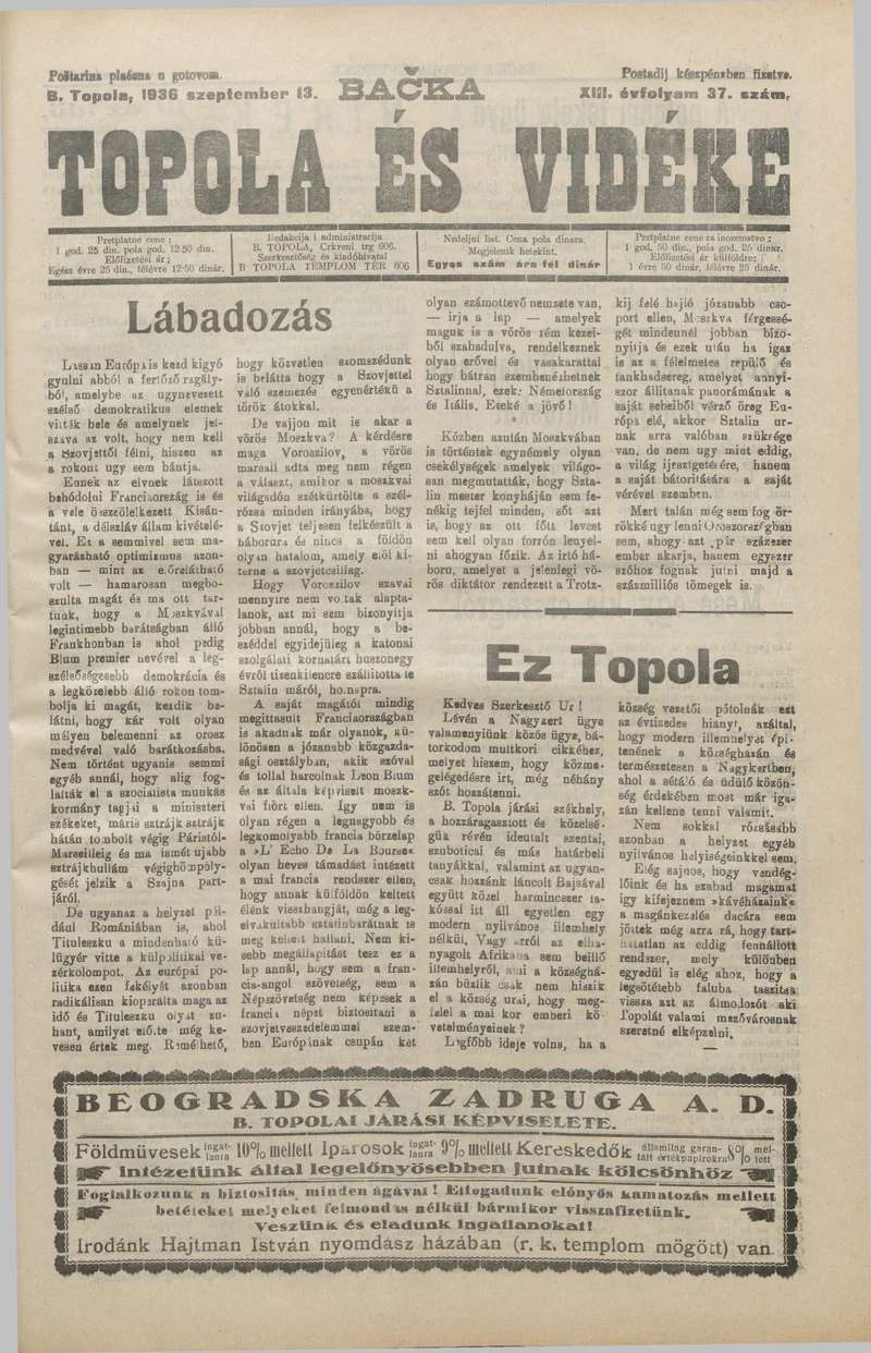 Bačka Topola és Vidéke, 13. évf. 1936. szeptember 13. 37. sz.