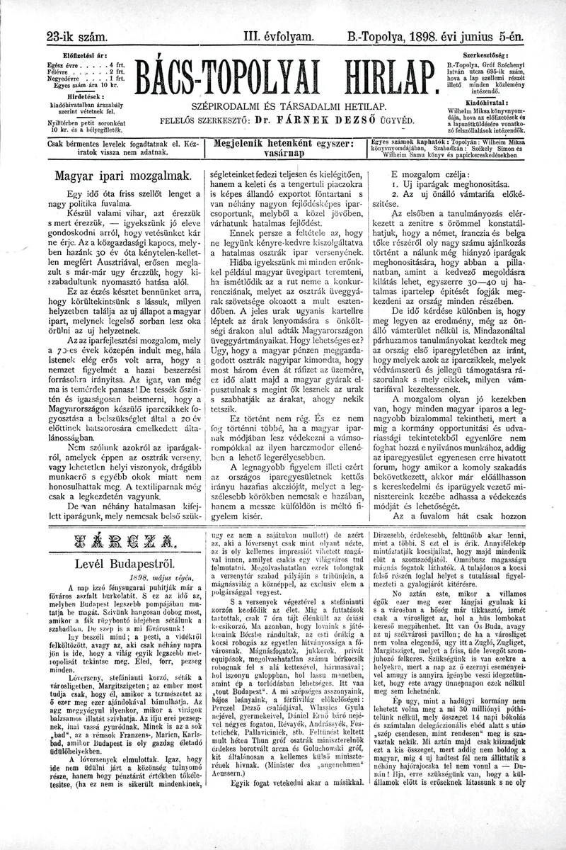 Bács-Topolyai Hirlap, 3. évf. 1898. június 5. 23. sz.