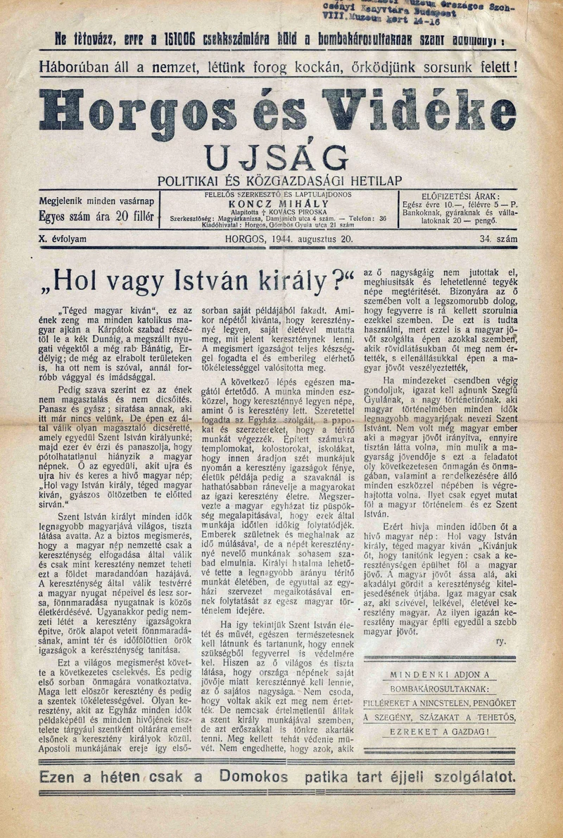 Horgos és vidéke, 9. évf. 1944. augusztus 20. 34. sz.