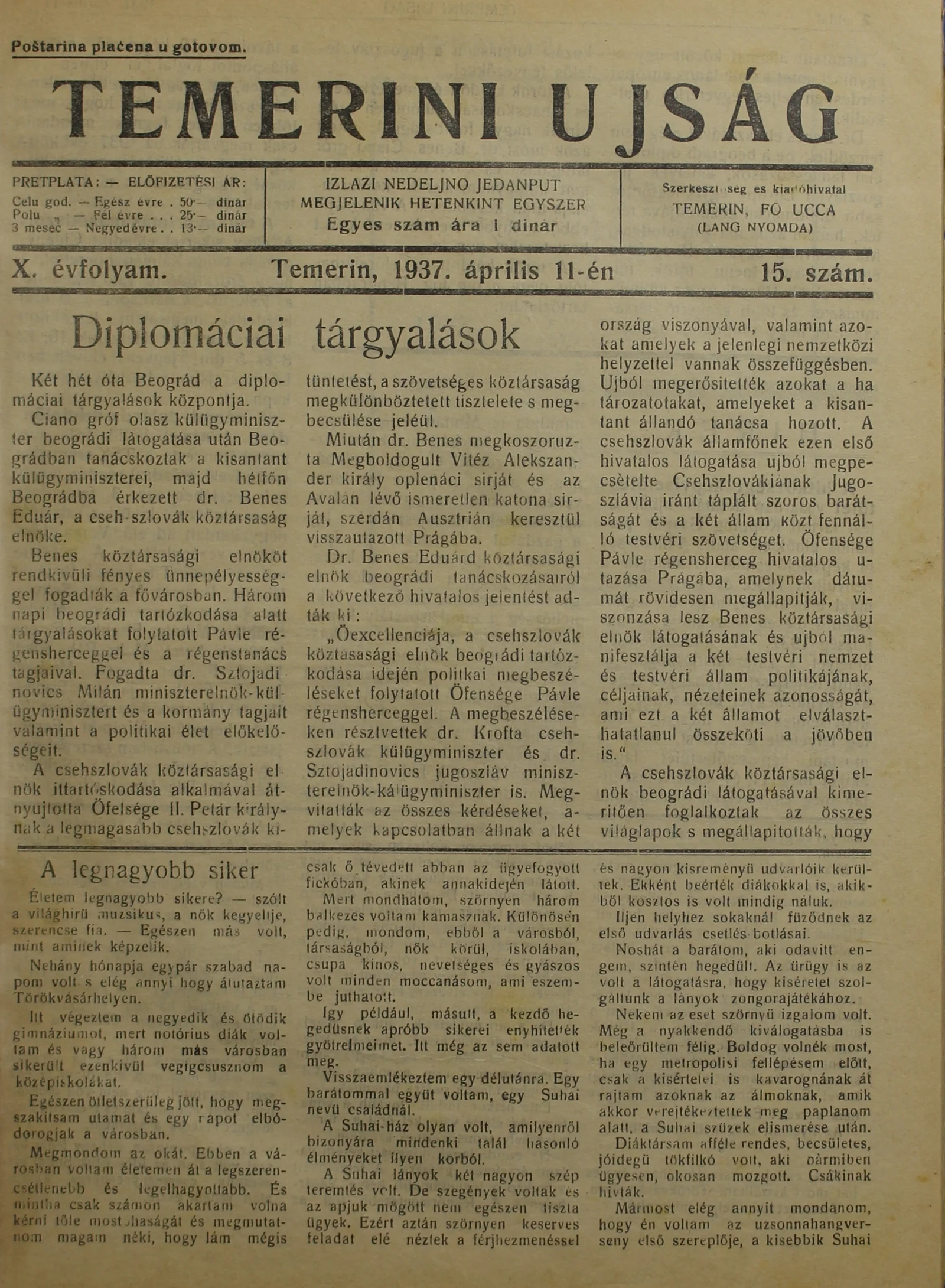 Temerini Újság 1928-1944, 10. évf. 1937. április 11. 15. sz.