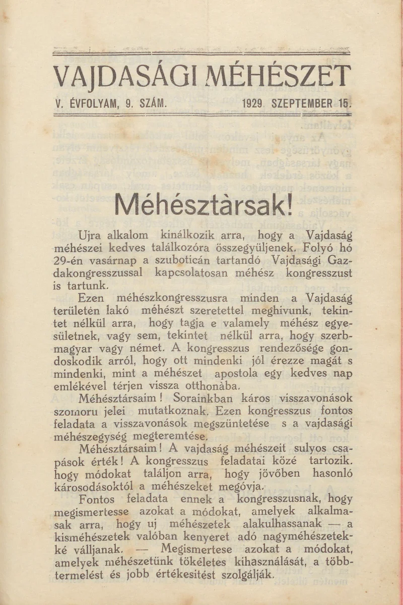 Vajdasági méhészet, 4. évf. 1929. szeptember 15. 9. sz.