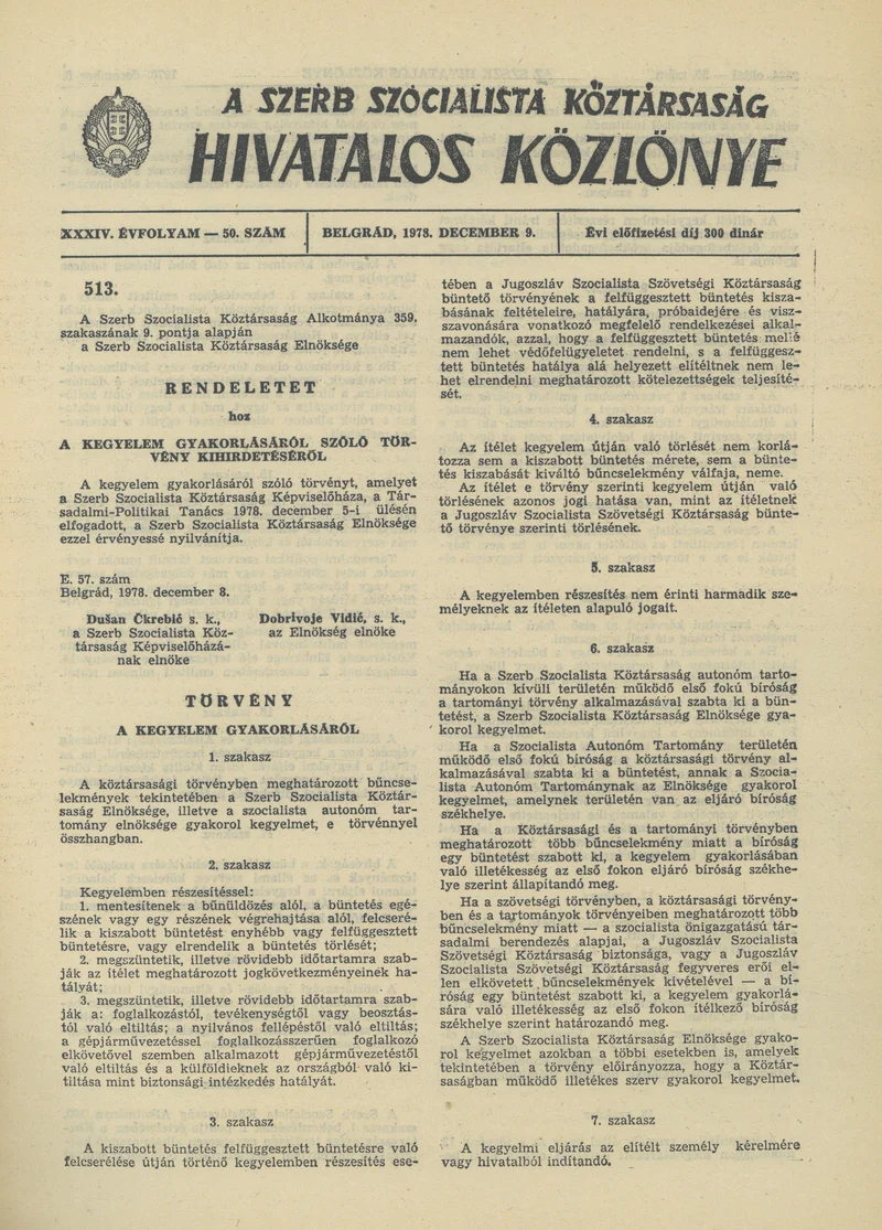 A Szerb Szocialista Köztársaság Hivatalos Közlönye, 34. évf. 1978. december 9. 50. sz. 2523–2526. oldal