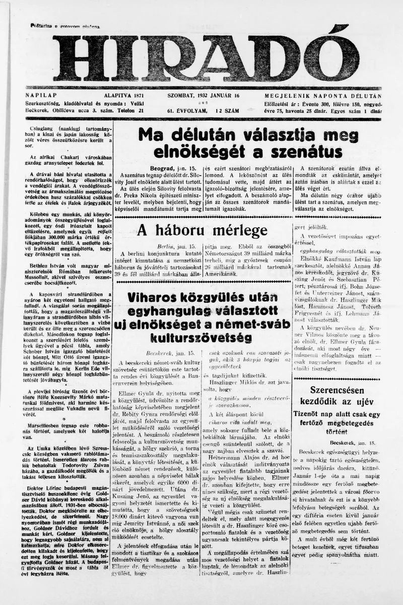 Híradó, 61. évf. 1932. január 16. 12. sz.