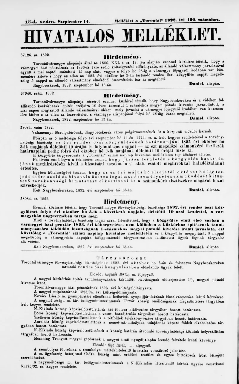 A Totontál  hivatalos melléklete, 5. évf. 1892. szeptember 14. 154. sz.