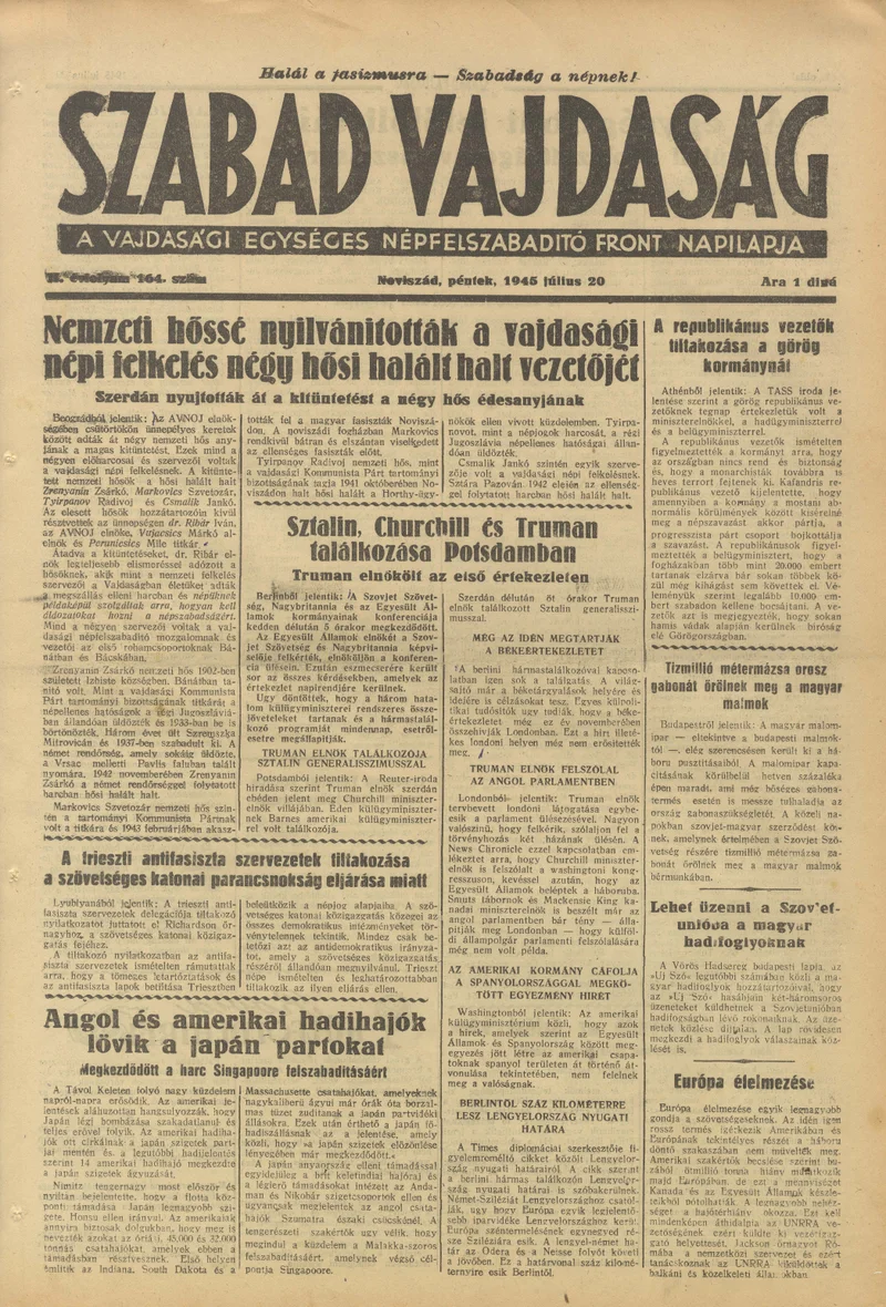 Szabad Vajdaság, 2. évf. 1945. július 20. 164. sz.