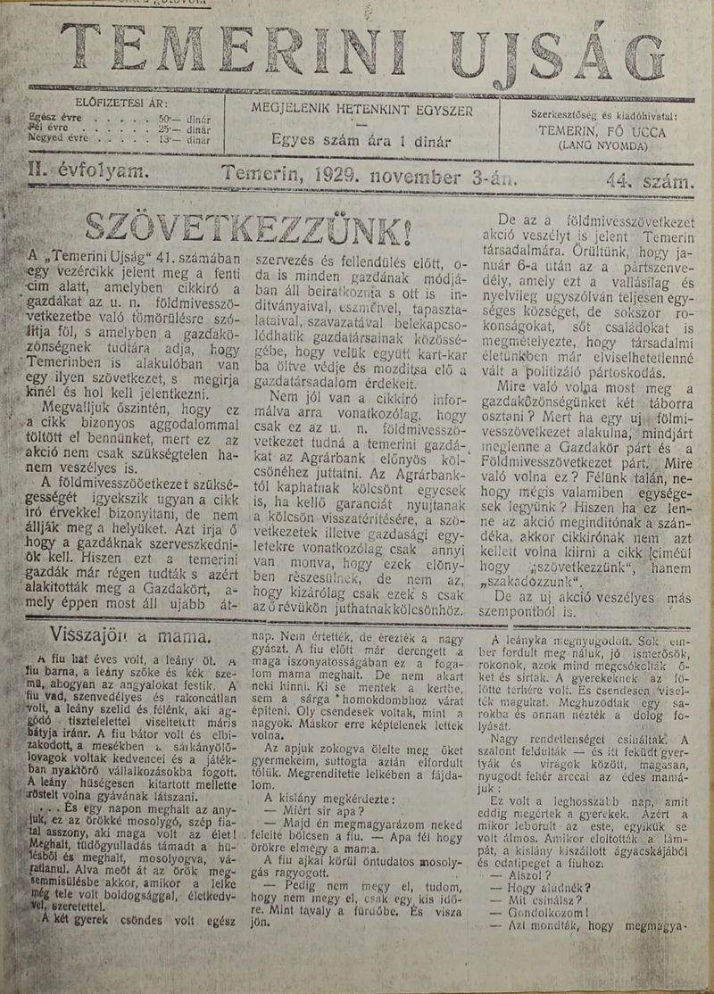 Temerini Újság 1928-1944, 2. évf. 1929. november 3. 44. sz.