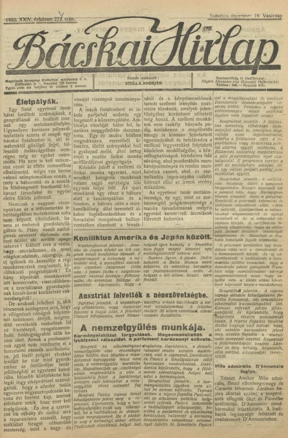 Bácskai Hirlap, 24. évf. 1920. december 19. 224. sz.