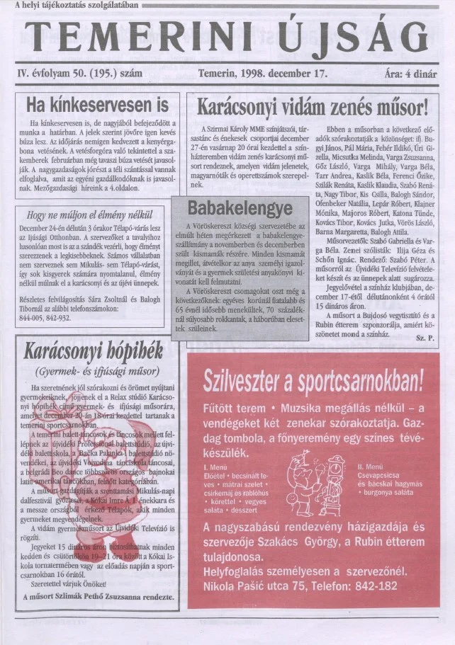 Temerini Újság, 4. évf. 1998. december 17. 50. sz.