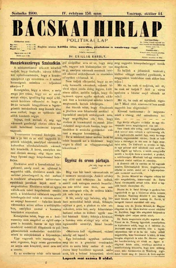 Bácskai Hirlap, 4. évf. 1900. október 14. 156. sz.