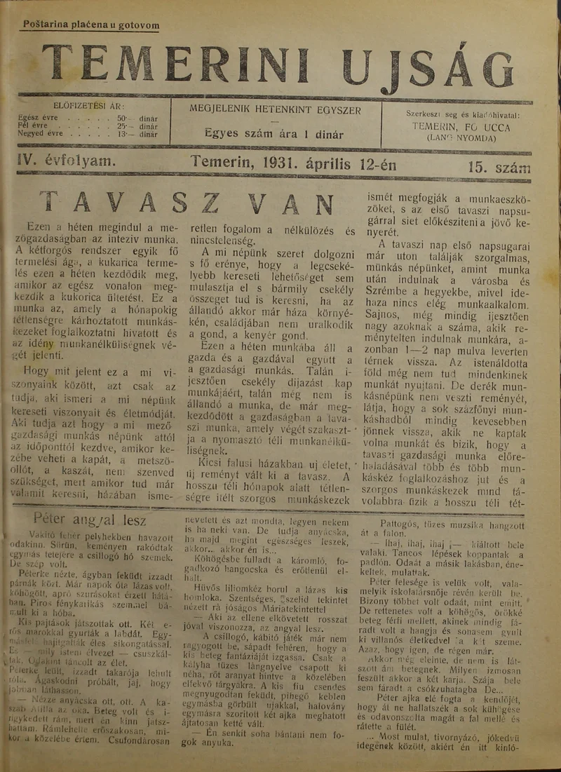 Temerini Újság 1928-1944, 4. évf. 1931. április 12. 15. sz.