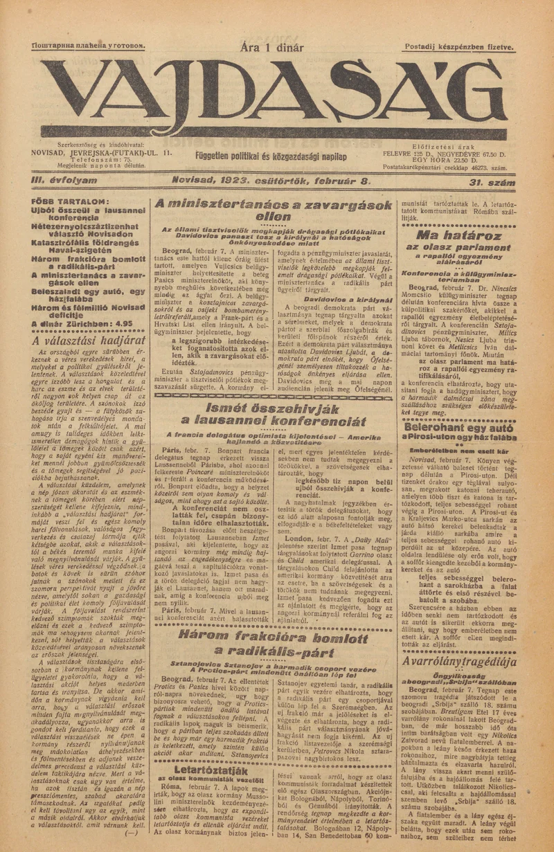 Vajdaság, 3. évf. 1923. február 8. 31. sz.