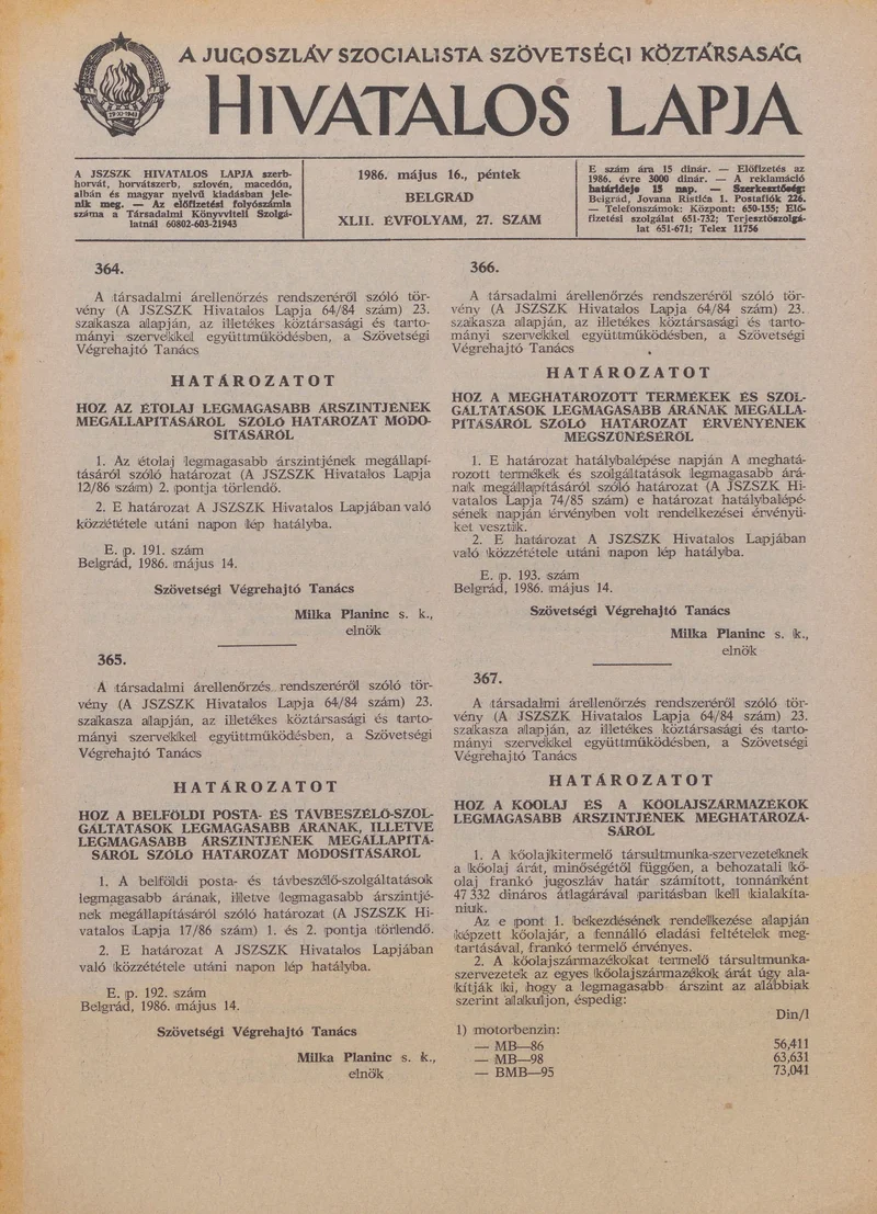 A Jugoszláv Szocialista Szövetségi Köztársaság Hivatalos Lapja, 42. évf. 1986. május 16. 27. sz. 853–860. oldal