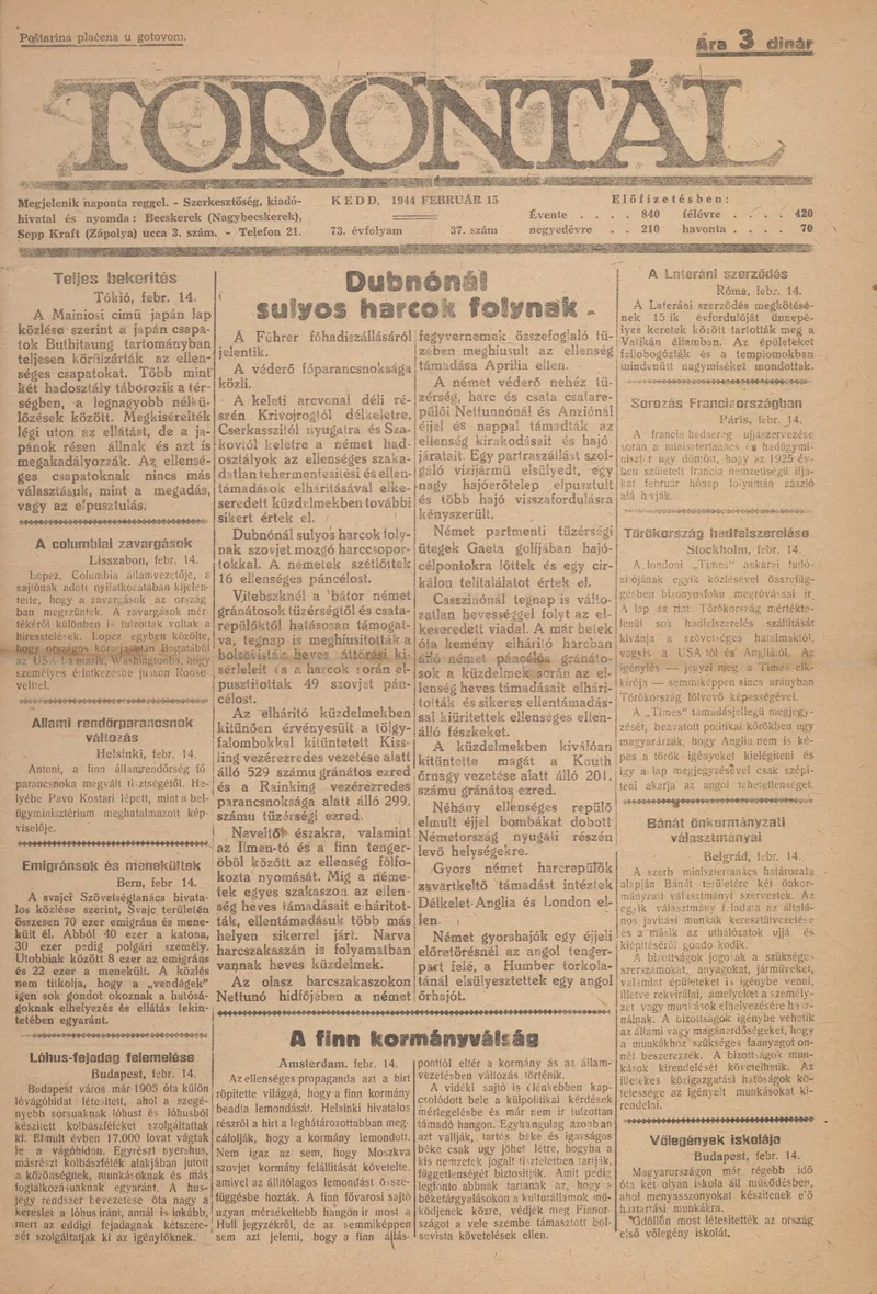 Torontál, 73. évf. 1944. február 15. 37. sz.