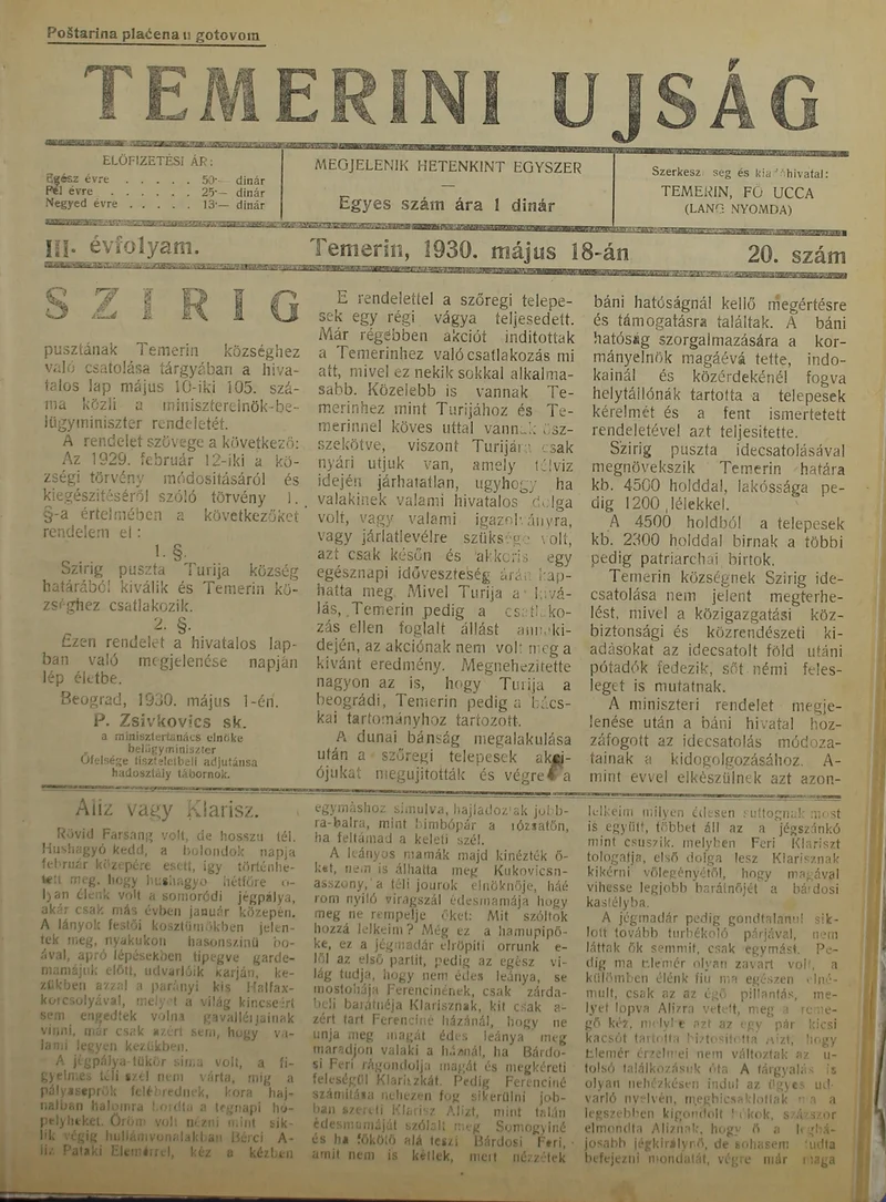 Temerini Újság 1928-1944, 3. évf. 1930. május 18. 20. sz.