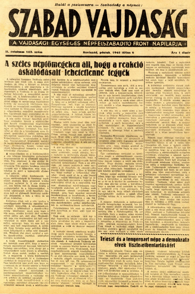 Szabad Vajdaság, 2. évf. 1945. július 6. 152. sz.