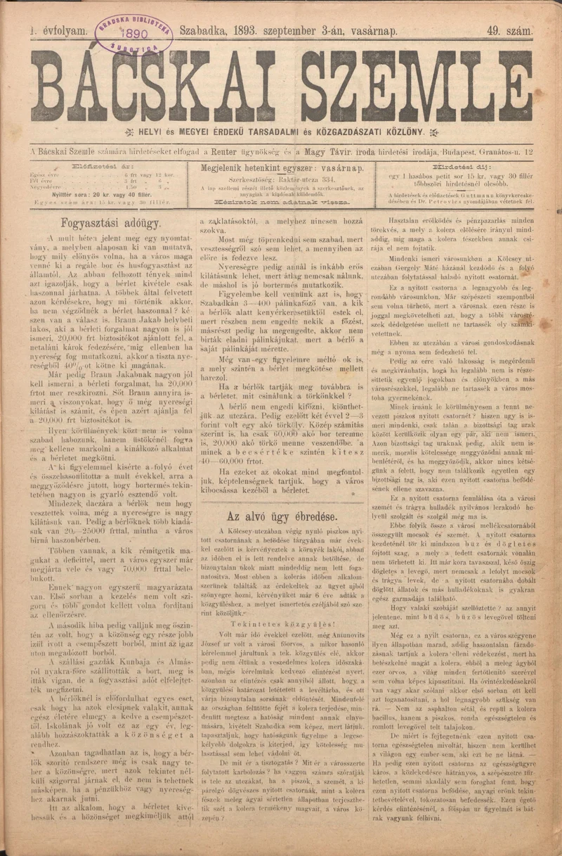 Bácskai Szemle, 1. évf. 1893. szeptember 3. 49. sz.