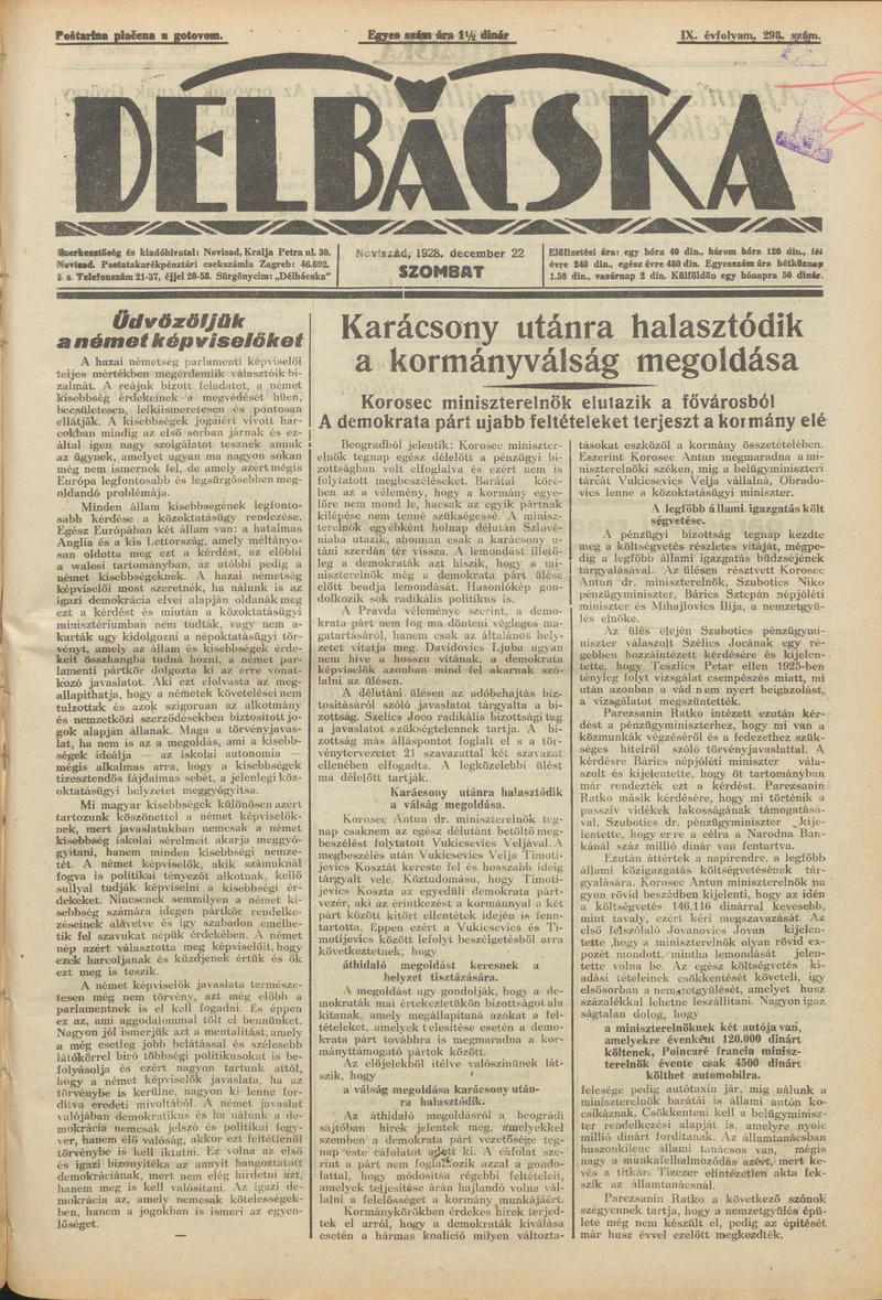 Délbácska, 9. évf. 1928. december 22. 298. sz.