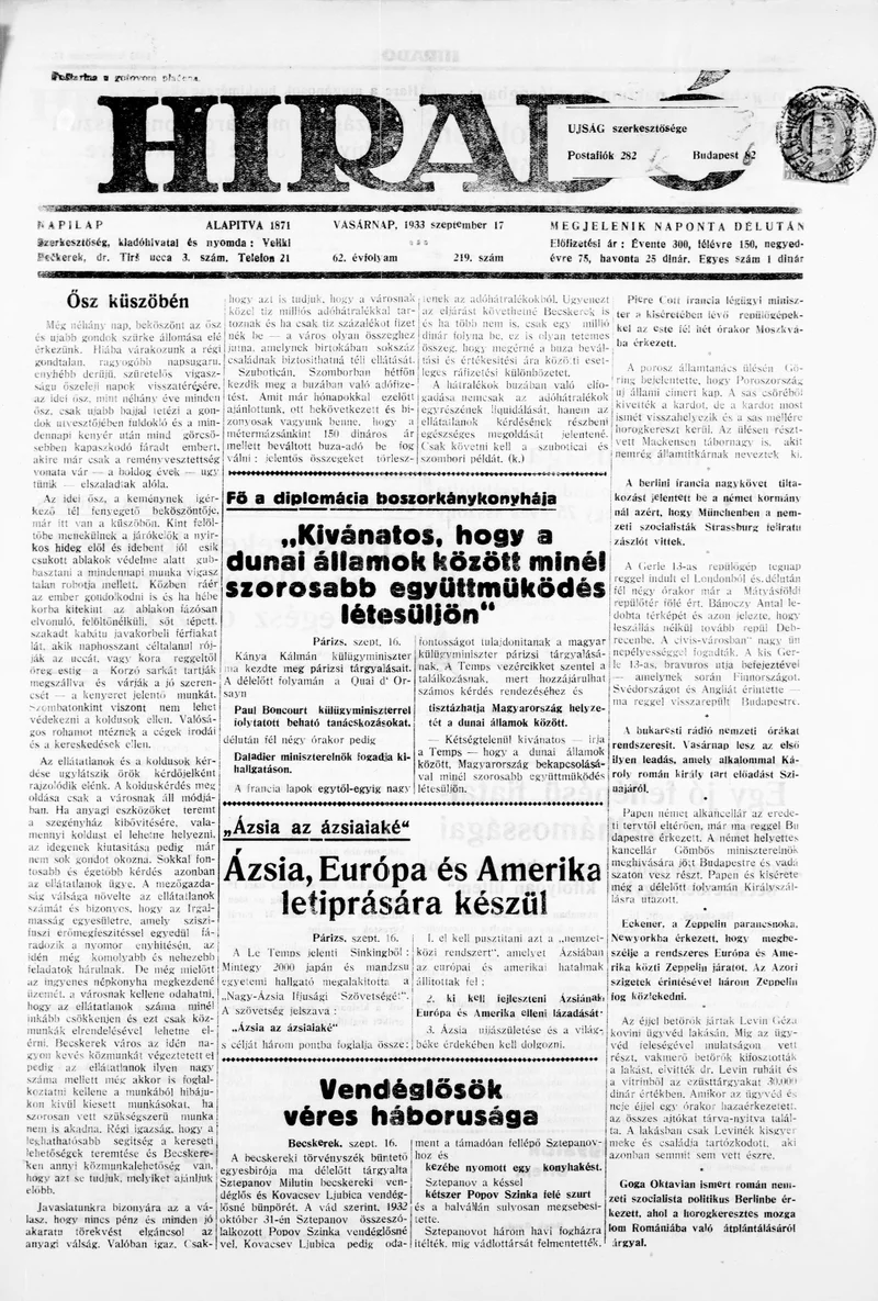 Híradó, 62. évf. 1933. szeptember 17. 219. sz.