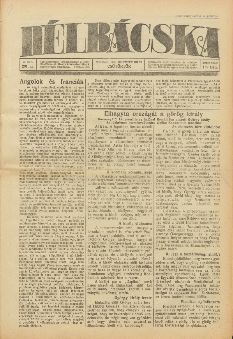 Délbácska, 4. évf. 1923. december 20. 291. sz.